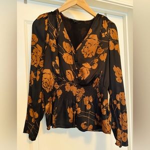 Beautiful Banana Republic Black and Golden Brown Satin Long Sleeve Peplum Top